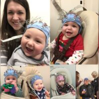 Collage of mom with baby, other babies present, all wearing blue research cap