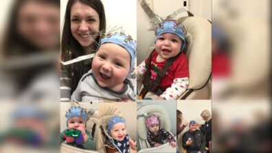 Collage of mom with baby, other babies present, all wearing blue research cap