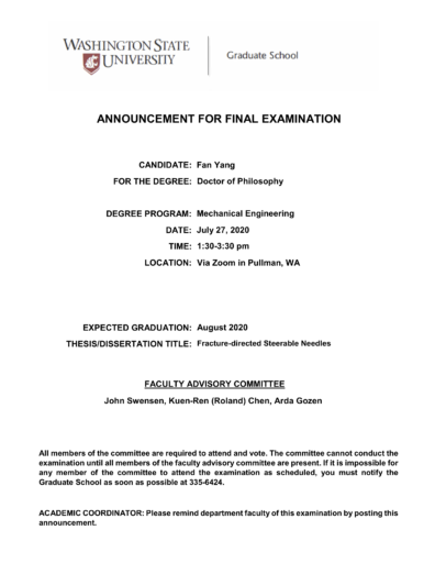 Fan Yang final doctoral exam announcement