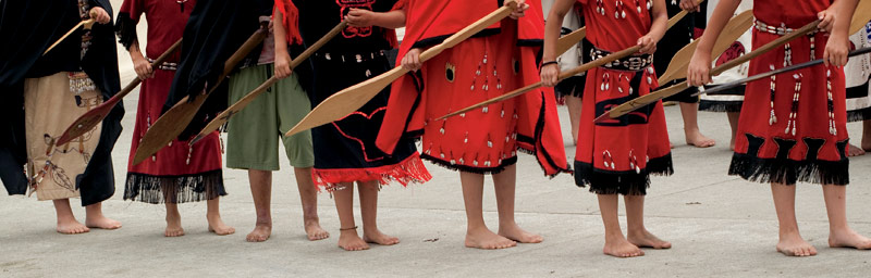 Young Makahs perform a traditional paddle dance at Makah Days in Neah Bay.
