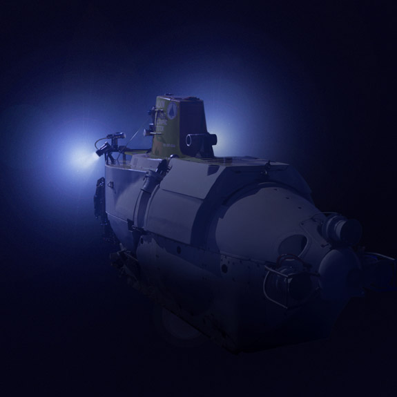 Fisheye view of Alvin near the ocean floor. Photo Deep-sea Photography and Mark Spear.