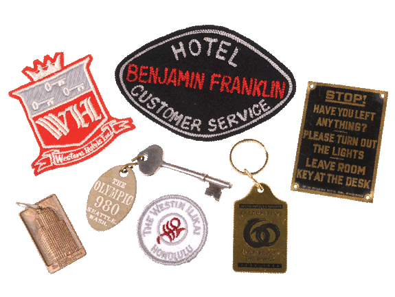 Keys, tags, and badges from hotels owned by the Westin chain