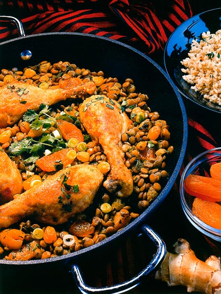 Chicken Marrakech with lentils. from The Pea & Lentil Cookbook: From Everyday to Gourmet published by the USA Dry Pea & Lentil Council, Randall Duckworth, editor. Photos from the book, by Mark LaMoreaux
