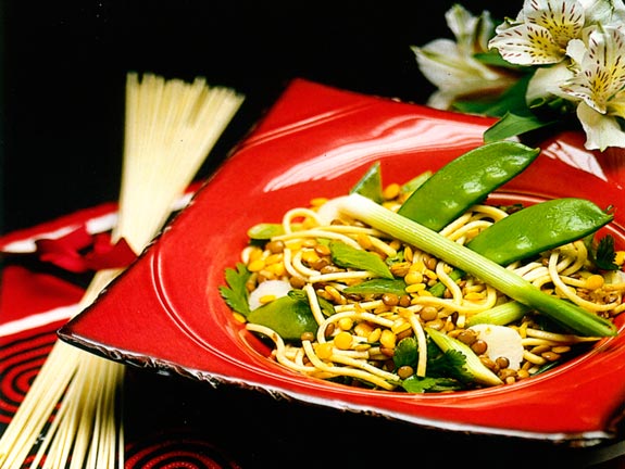 Chinese lentil and noodle salad. from The Pea & Lentil Cookbook: From Everyday to Gourmet published by the USA Dry Pea & Lentil Council, Randall Duckworth, editor. Photos from the book, by Mark LaMoreaux.