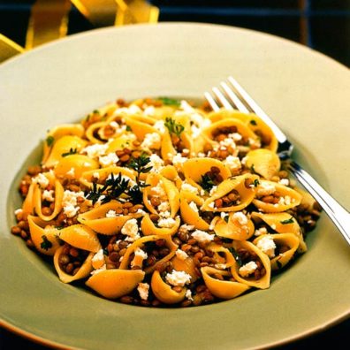 Lentils, orecchiette, and feta cheese. from The Pea & Lentil Cookbook: From Everyday to Gourmet published by the USA Dry Pea & Lentil Council, Randall Duckworth, editor. Photos from the book, by Mark LaMoreaux.