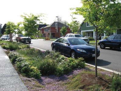 Example of pervious pavement and a street-side swale in Seattle’s High Point neighborhood
