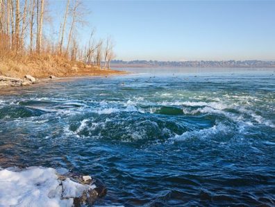Water rushes into the lake from a canal from the Columbia River