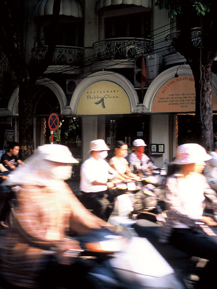 A busy street outside Hanoi’s Restaurant Bobby Chinn