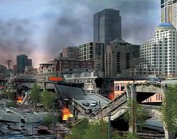 Illustration of Alaskan Way Viaduct and Seawall Replacement Project,” depicting simulated damage from an earthquake