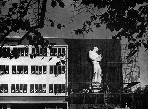 Nature Boy on Holland Library during construction. From the November 1949 WSC Powwow