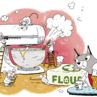 Illustration of Dr. Universe making cookies by David Huyck