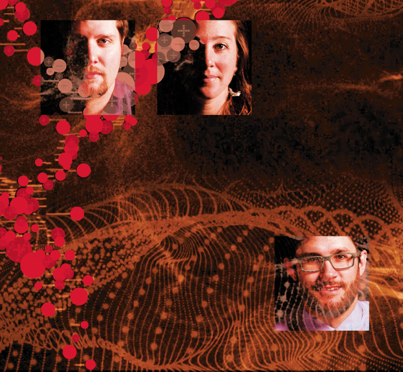 Doctoral students Brian Hauck and Jessica Tufariello. Below: Brian Clowers. Photoillustration with portraits by Robert Hubner and Shelly Hanks