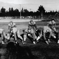 WSC football team posing on the field in Pasadena. Courtesy WSU Manuscripts, Archives, and Special Collections