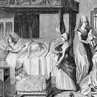Midwives tend to a newborn baby while the exhausted mother rests in bed, circa 1450. Another child lies in a cradle beside her, being rocked by a servant. Original Artwork: A miniature engraving from 'Histoire de la Belle Helaire' on a 15th Century manuscript from the Imperial Library, Paris. (Photo by Hulton Archive/Getty Images)