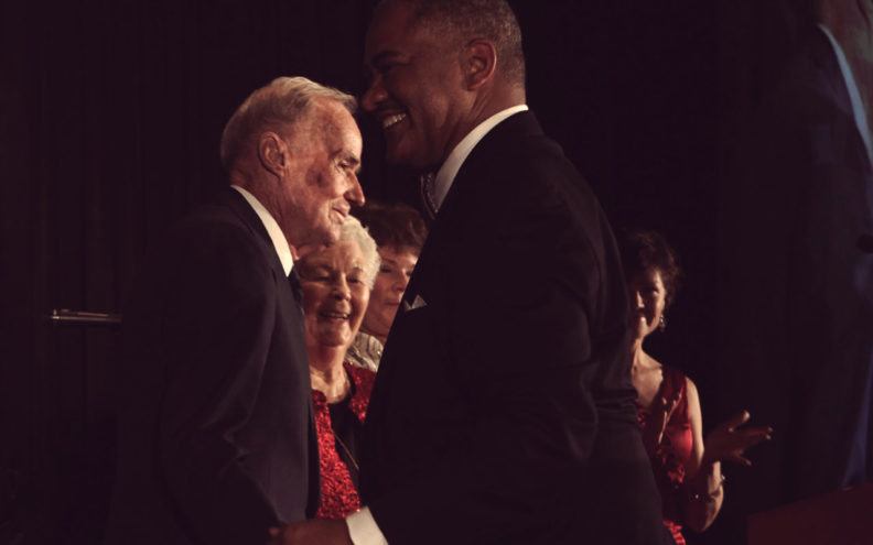 Bob Smawley greets Elson Floyd