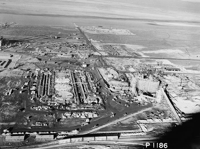 Aerial view of the 100-B Area under construction in January 1944