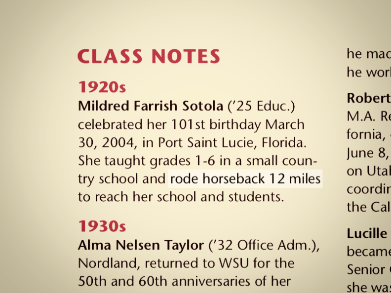 Mildred Sotola class note from Washington State Magazine