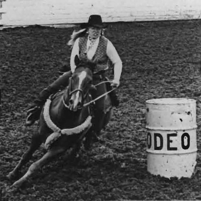 Cindy Roberts barrelracing at WSU, 1975