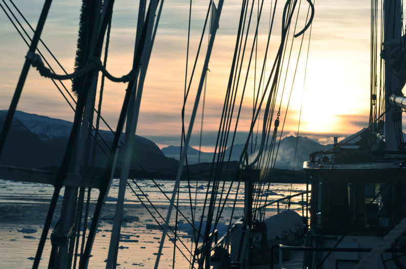The tall ship Antigua near Svarlbard for Arctic Circle Artist Residency. Photo Debbie Lee