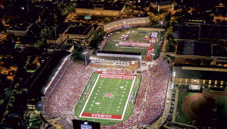 Night game aerial photo of Martin Stadium