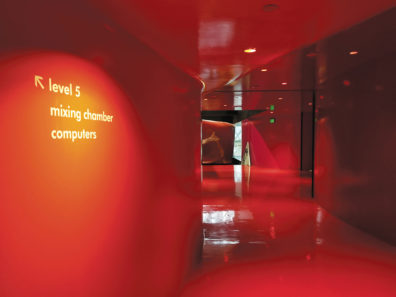 A glimpse down Seattle Public Library’s red hallway