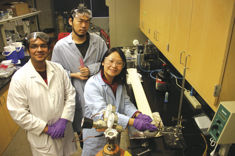 Badrul Haque, Wangcheng Liu, and Hang Liu in their WSU lab