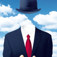 Illustration of man with suit, no head, playing video game