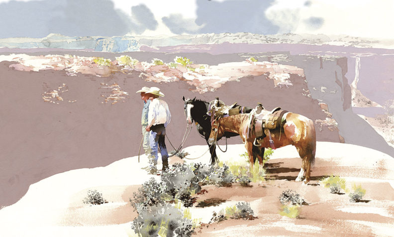 Watercolor painting of two cowboys and their horses next to a canyon
