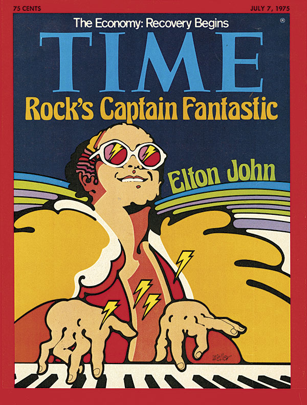Cover of Time magazine, July 7, 1975, designed by Don Weller and featuring an illustration of Elton John playing piano