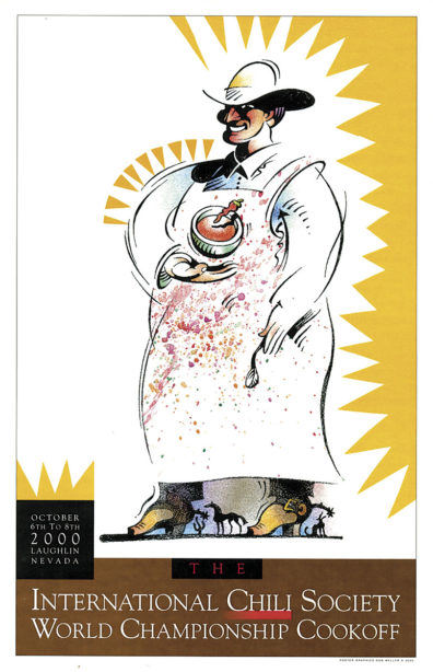 Chili competition poster featuring drawn cowboy with apron and bowl of chili