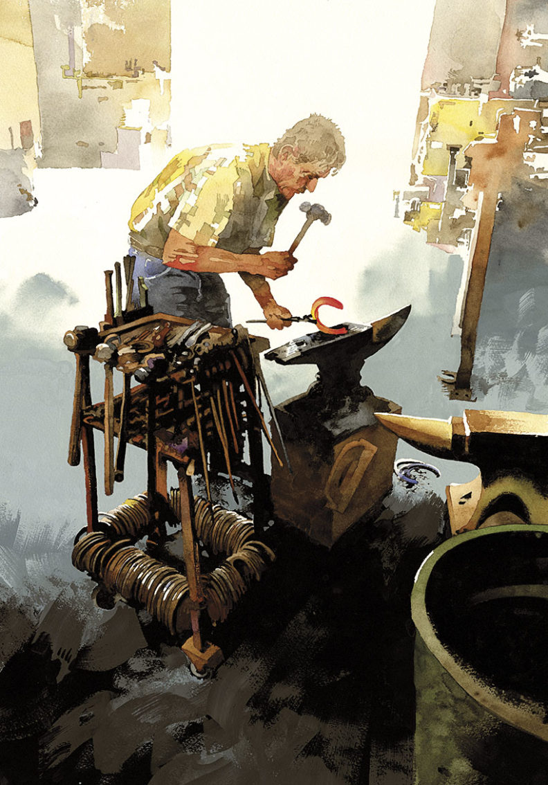Watercolor painting of a man hammering a hot horseshoe atop an anvil