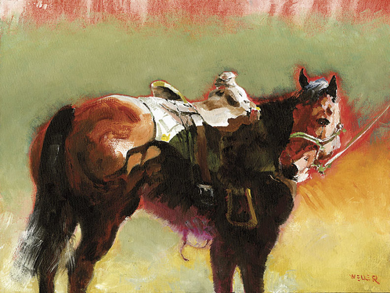 Watercolor painting of a horse with a saddle and bridle