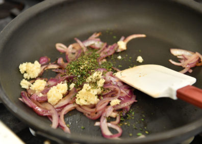 Sauteeing onions and garlic. Photo Shelly Hanks