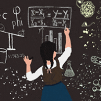 illustration of girl writing math equations on chalkboard