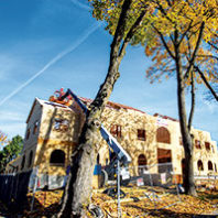Roof trusses get placed on the new Sigma Chi chapter house during fall 2019
