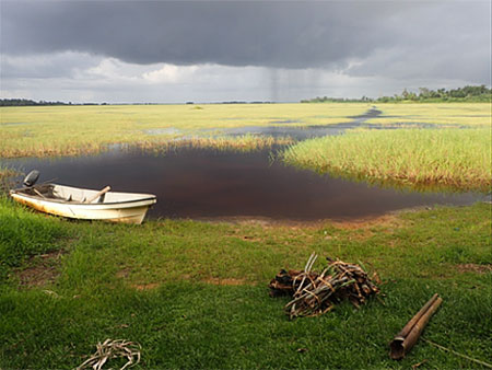 Grasslands in Papua New Guinea with small boat in pond