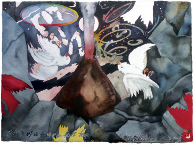 Painting by Linda Okazaki of finches falling after eruption of Mount St. Helens in 1980