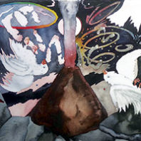 Painting by Linda Okazaki of finches falling after eruption of Mount St. Helens in 1980