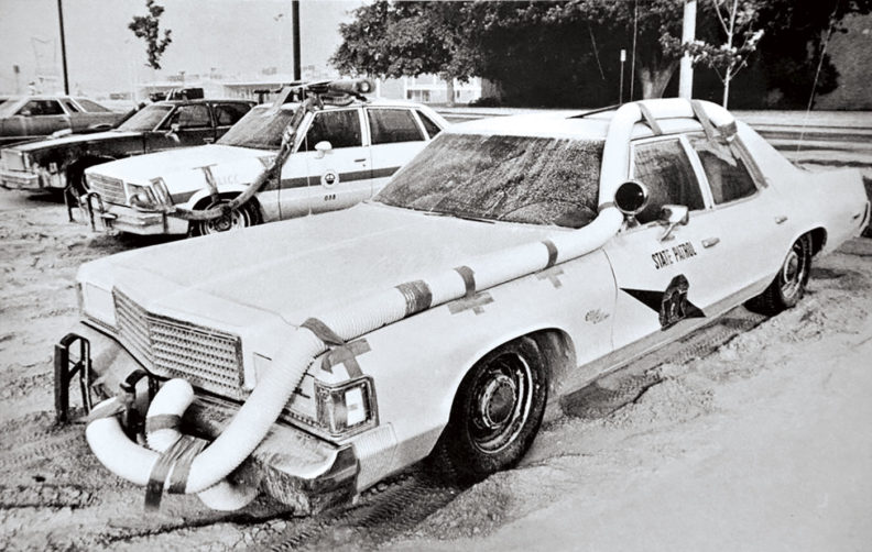 Washington State Patrol car in 1980 with ventilation tubes after Mount St. Helens eruption