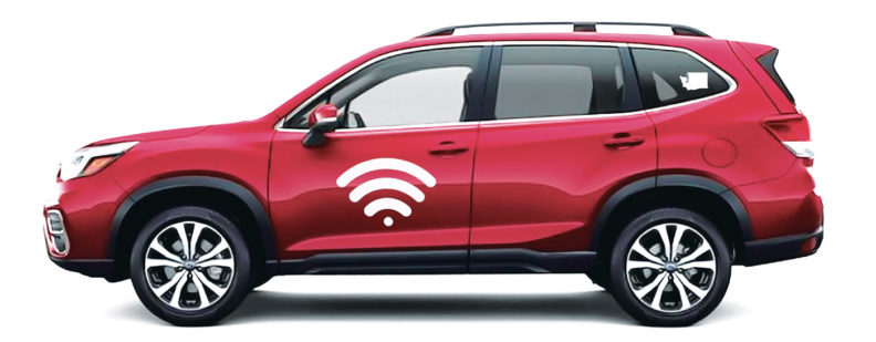 Crimson car with Wi-Fi symbol on door