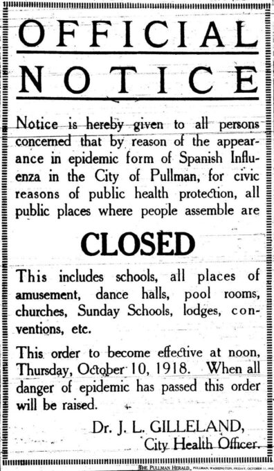 Notice of campus closure at Washington State College due to 1918 Pandemic