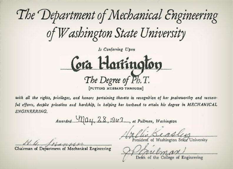 Cora Harrington certificate for supporting husband during degree