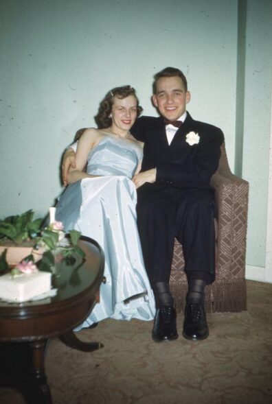 Duane Stowe and Arleen Hill in formal attire at WSC in 1951