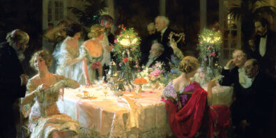 Painting of dinner party with guests in fancy dress, by Jules-Alexandre Grün