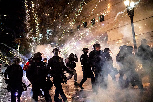 Police officers in riot gear during the 2020 Black Lives Matter protests in Portland, Oregon