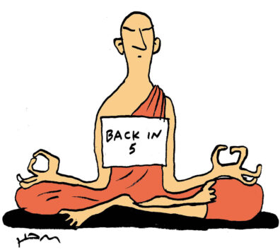 illustration Life on Earth of a bald monk in a robe meditating with a sign that reads Back in 5, by Ham Khan