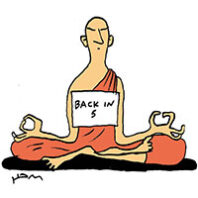illustration of a bald monk in a robe meditating with a sign that reads Back in 5