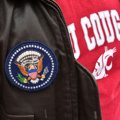 US seal patch on flight jacket of former Marine Jeff Tontini