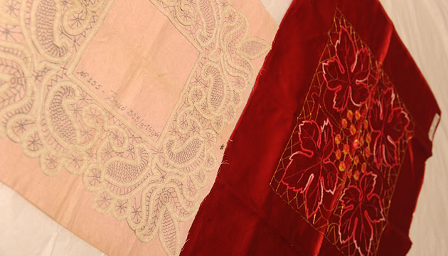 Examples of lace, and appliqué and embroidery