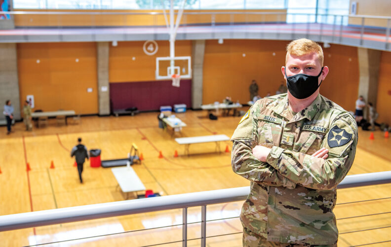 Army National Guard Lt. Darcy Ailles in a mask at the WSU Pullman COVID-19 testing facility